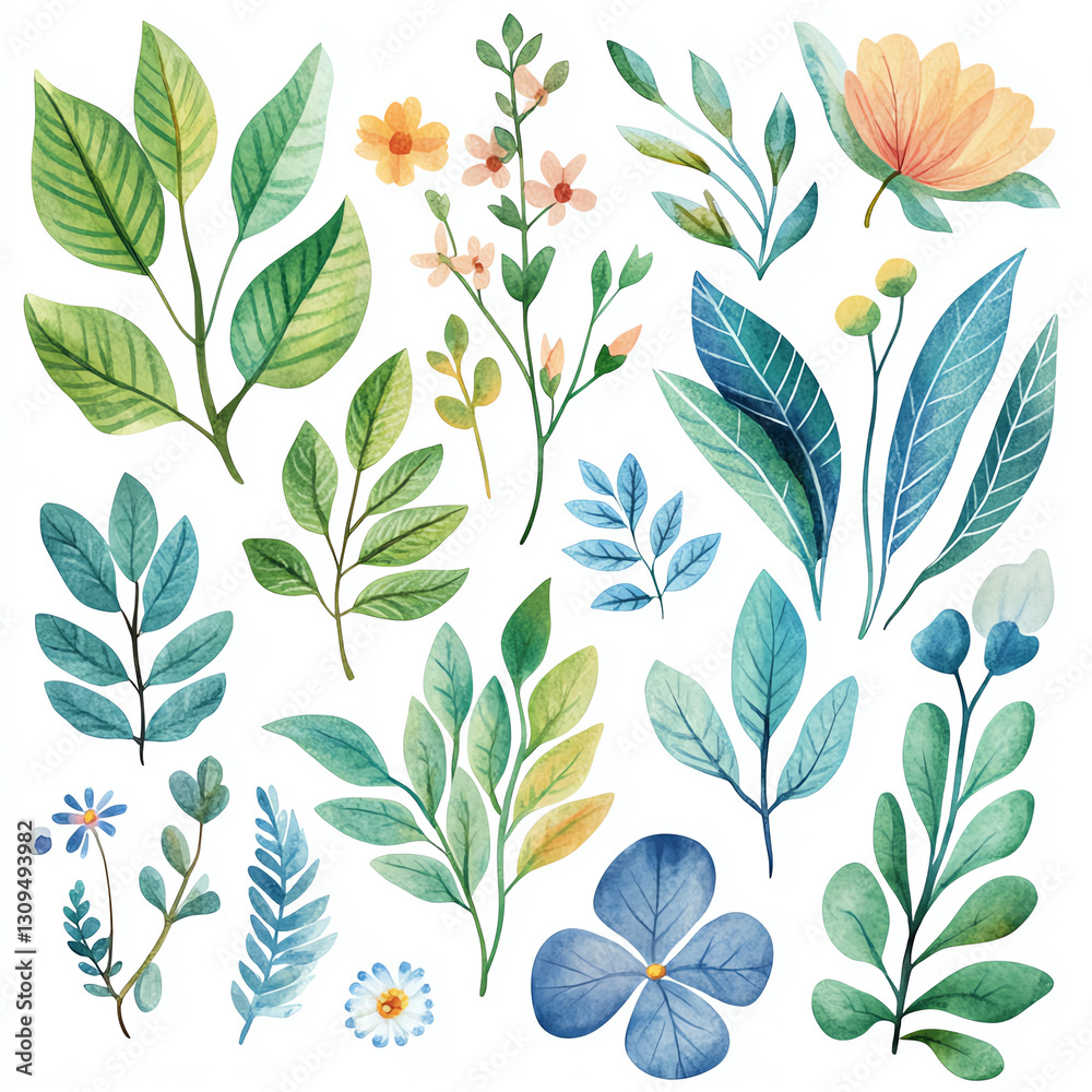 A vibrant collection of hand-painted leaves and flowers, showcasing the beauty of nature. Perfect for design projects, crafting, or adding a botanical touch to any artwork. A vibrant collection of hand-painted leaves and flowers, showcasing the beauty of nature. Perfect for design projects, crafting, or adding a botanical touch to any artwork.