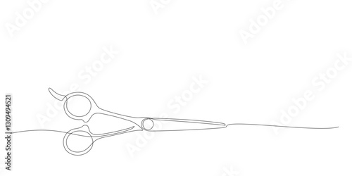 Hair scissors. One continuous line drawing of of regular scissors and barber scissors. Single line drawing of scissors for haircut beauty salon. Design vector element for flyer, banner, card, coupon