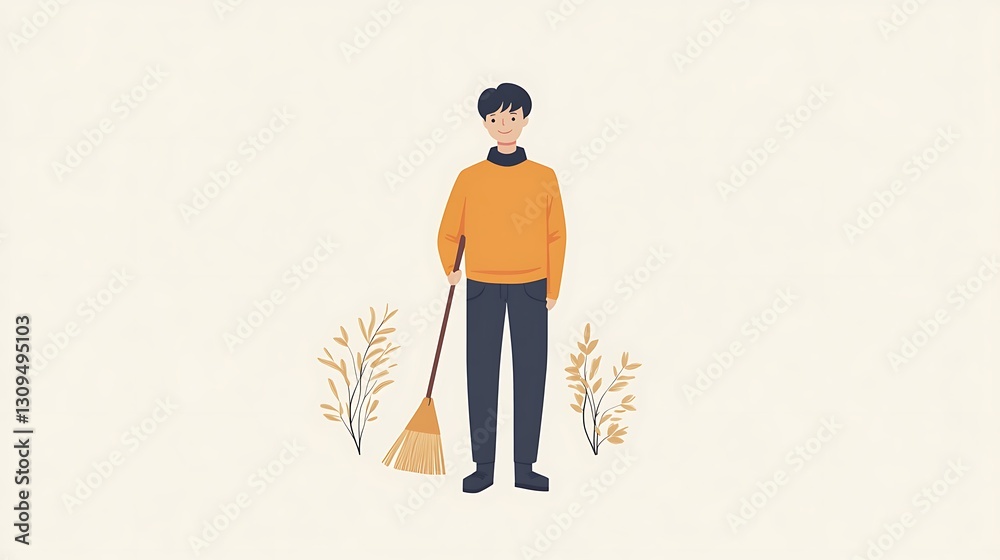 Man holding broom, autumn scene. Man holding broom, autumn scene.