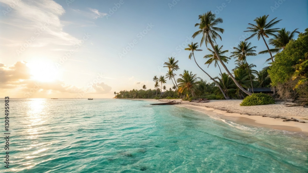 Fototapeta premium Warm sunlight casts a serene glow on turquoise waters at a tropical beach with swaying palm trees, beach scene, ocean water, driftwood, natural beauty