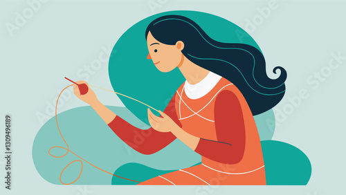 Mindfully creating a beautiful design with her needle a woman takes her time fully immersing herself in the present moment feeling each thread as it. Vector illustration