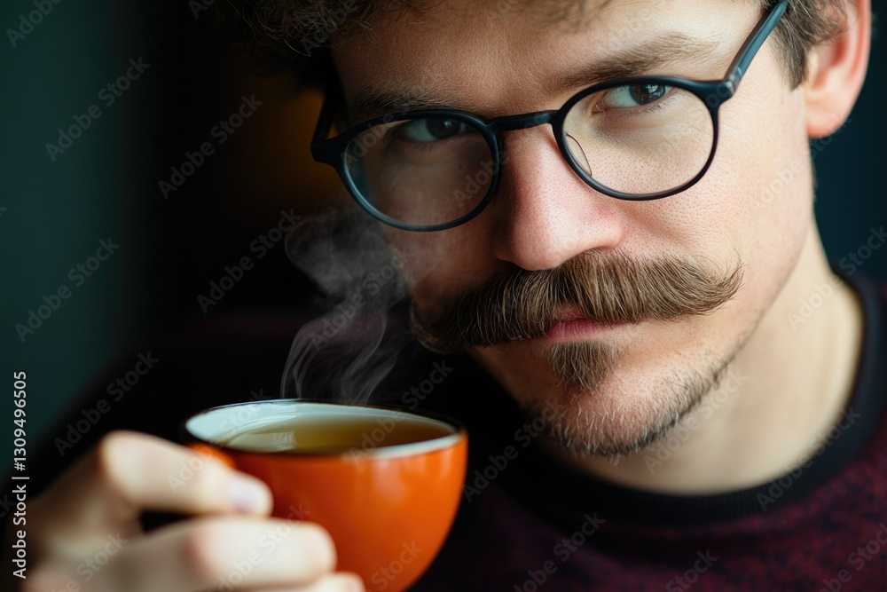 A mustachioed man in glasses sipping coffee, lost in thought. A cozy indoor scene.