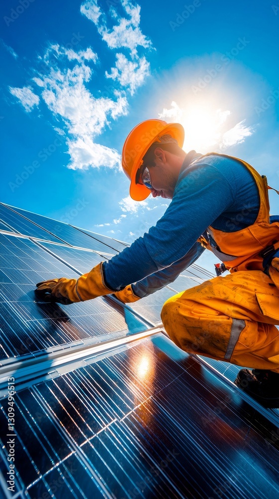 Worker Installing Solar Panels Under Bright Sunlight Worker Installing Solar Panels Under Bright Sunlight
