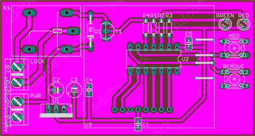 Vector printed circuit board of electronic 
device with components of radio elements, 
conductors and contact pads placed on pcb. 
Computer technic engineering drawing.
Electric cad design.