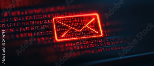 A glowing red email icon on a digital backdrop, suggesting themes of communication, technology, and cybersecurity.