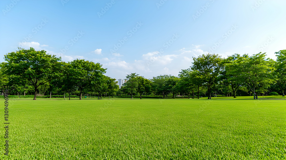 Expansive Green Field Of Grass With Lush Green Trees Underneath Clear Blue Sky In Daylight Expansive Green Field Of Grass With Lush Green Trees Underneath Clear Blue Sky In Daylight