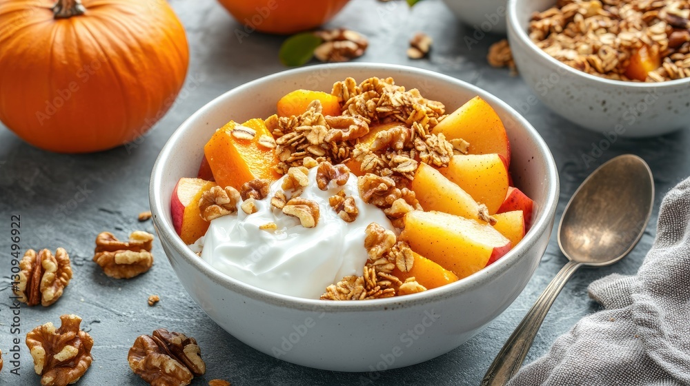 Fototapeta premium Seasonal breakfast bowl with crunchy granola, thick yogurt, roasted pumpkin chunks, caramel apples, and walnuts, placed on a cool stone surface.
