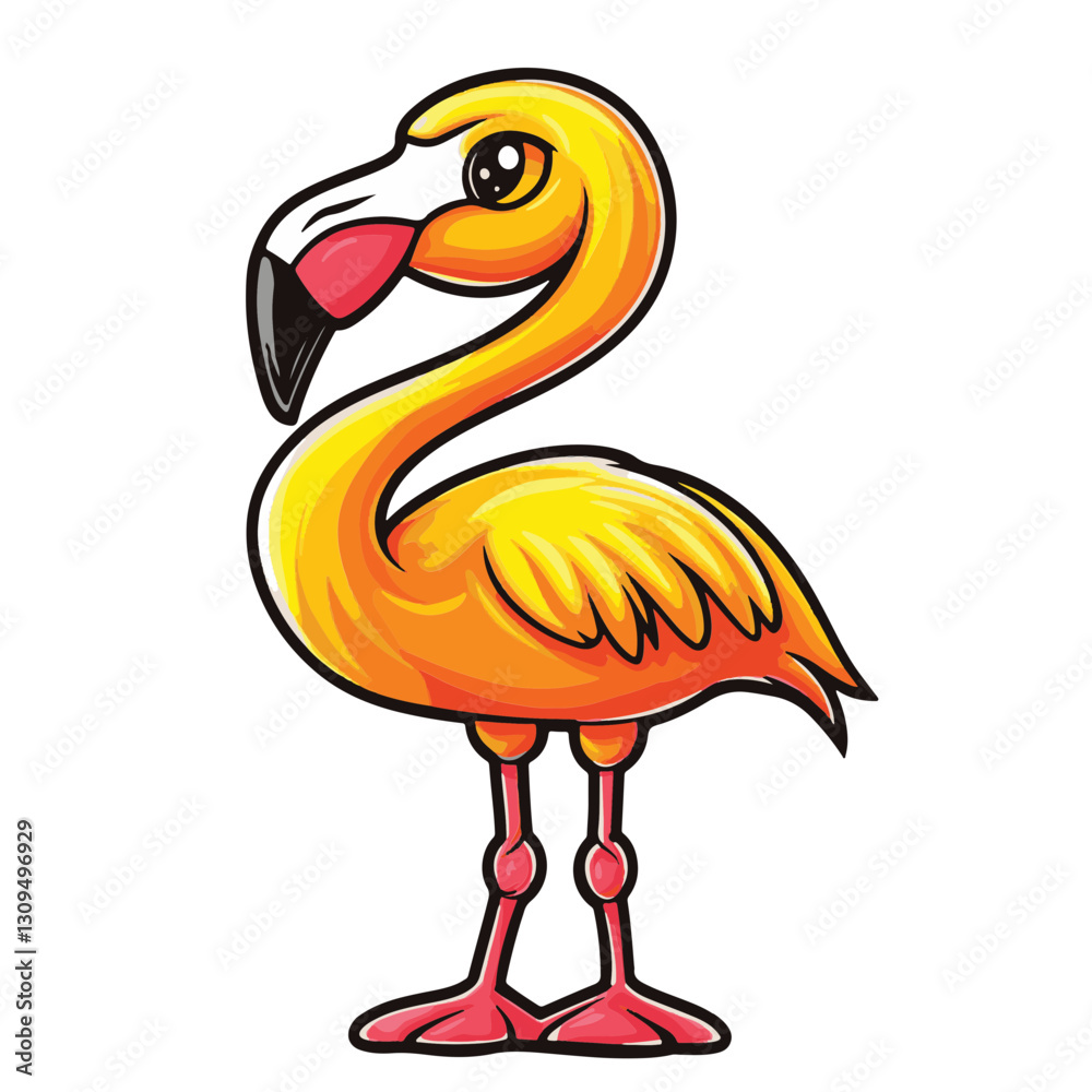 Fototapeta premium Flamingo, simple vector logo, white background, black outline, colorful cartoon, high contrast, 2D flat design, vector illustration
