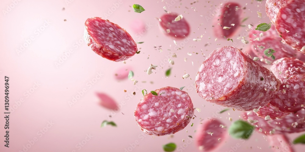Fototapeta premium Tasty salami pieces with garlic sauce splashes flying on a pastel gradient