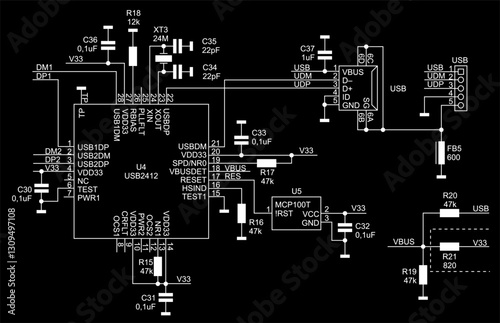 Schematic diagram of electronic device. 
Vector drawing electrical circuit with 
integrated circuit, resistor, capacitor, 
fuse, connector, quartz resonator, usb interface
 and other components.