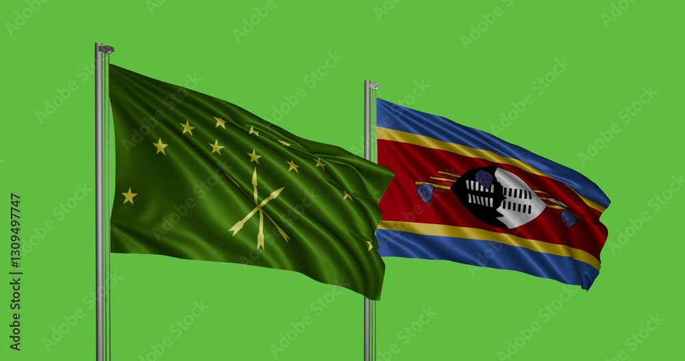 Swaziland and Adygea flags animation,with green chroma key, easy background remove