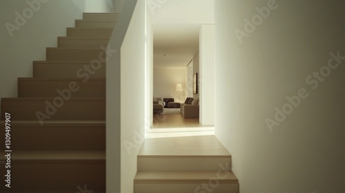 Modernist minimalist cubic staircase with stylish lighting and contemporary furniture.