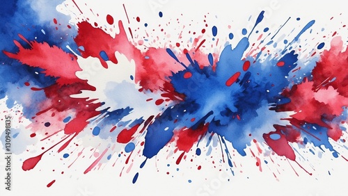 Patriotic watercolor splash design with red, white, and blue colors for Independence Day celebration in the USA
