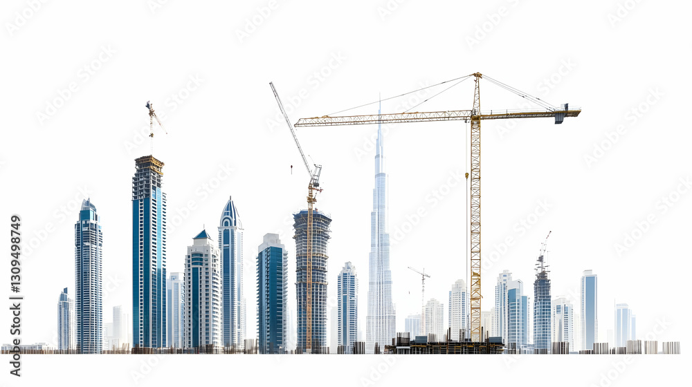 Obraz premium City Skyline Construction Site with Cranes Blue and White Modern Buildings against White Background