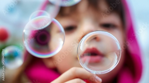 Young girl, joyful, blowing soap bubbles, colorful background with blurred elements