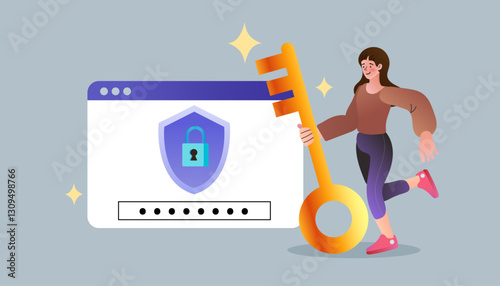 business success concept with a young woman holding a giant golden key next to a blue padlock. key to success metaphor, motivation, and opportunity in business. Modern vector illustration