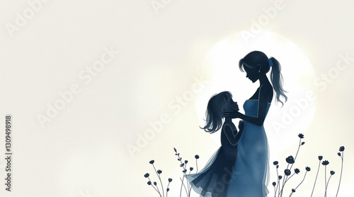 Silhouette of a mother and daughter, affectionate mood, embracing during moonlight with flowers