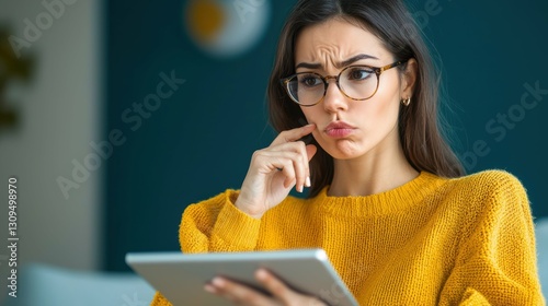 Woman analyzing product images on tablet home office digital comparison modern environment thoughtful viewpoint