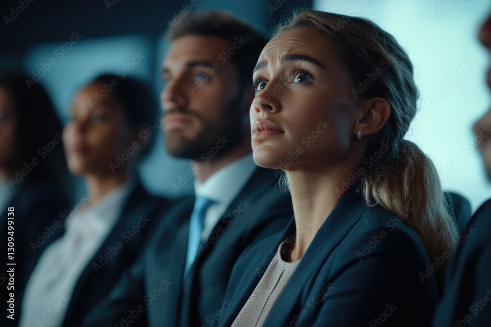 Obraz premium A diverse group of professionals in suits, listening intently at a conference.