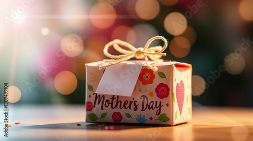 Decorative gift box, festive style, beautifully wrapped for Mother's Day with colorful flowers