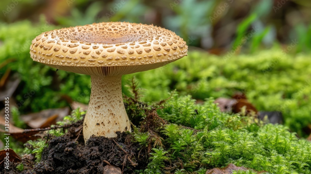 Fototapeta premium Steinpilz mushroom growing alone in a damp forest, with vibrant green moss as a backdrop.