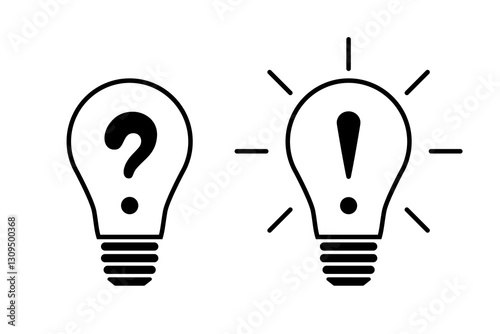 Simple symbols of extinguished light bulb with question mark and glowing electric bulb with exclamation mark. Vector illustration of simple icons for concept of problem, uncertainty and its solution.