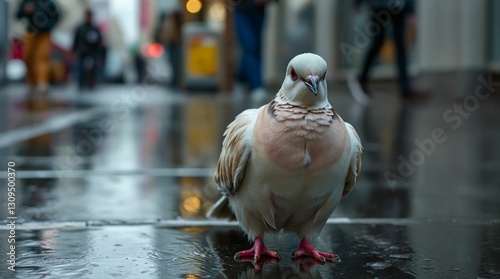 Close-up of a pigeon standing on a wet street with people walking in the background in urban setting