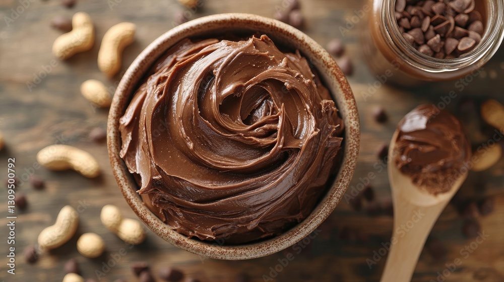 Thick and smooth peanut butter in a ceramic bowl, with a wooden spoon, a jar, and peanuts scattered on a wooden surface. Thick and smooth peanut butter in a ceramic bowl, with a wooden spoon, a jar, and peanuts scattered on a wooden surface.