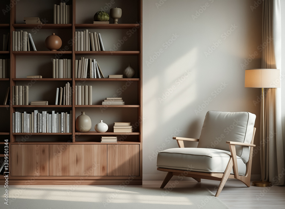 Fototapeta premium light beige armchair sits beside a wooden bookcase in a calm living space