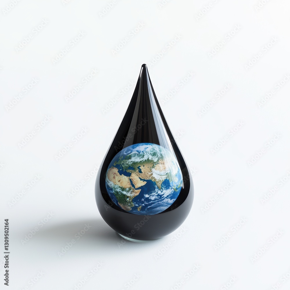 Obraz premium Water droplet with a miniature Earth inside symbolizing conservation isolated on white background