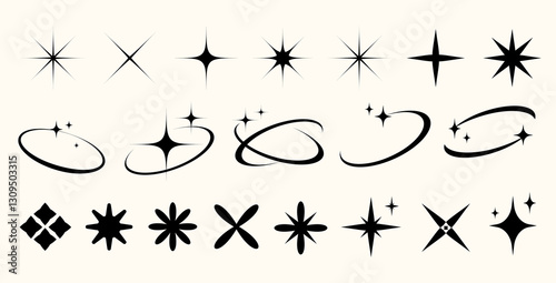 Y2k of star shapes starbursts, sparkles, and orbit elements set.Abstract minimal twinkles with cosmic orbits. Classic Retro Star Shapes and Twinkles.Minimal modern Retro futuristic icons. Vector