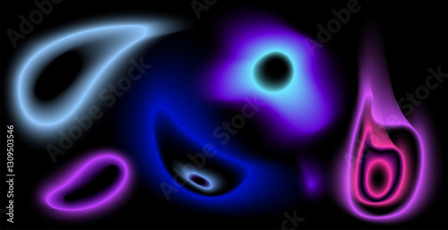 A collection of abstract glowing shapes in neon tones on a black . The smooth light effects futuristic and cyberpunk aesthetic elements for digital art, backgrounds,modern design. Vector illustration