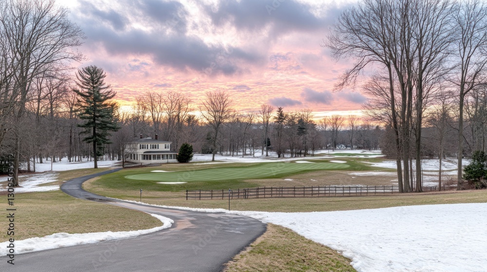 Golf course in winter. A path leads to the house, golf course, and nature with cloudy sky Golf course in winter. A path leads to the house, golf course, and nature with cloudy sky