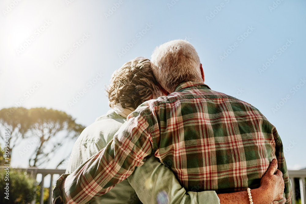 Fototapeta premium Hugging, back and elderly couple outdoor at holiday house together for retirement celebration. Love, bonding and senior man and woman embrace by balcony on anniversary, view and marriage connection