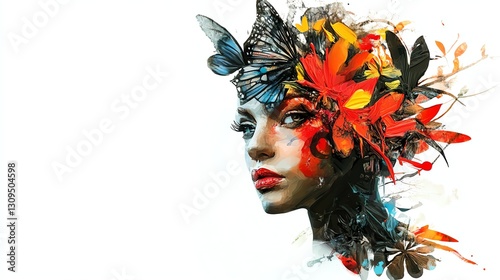 Artistic portrait of a woman adorned with butterflies and vibrant leaves.