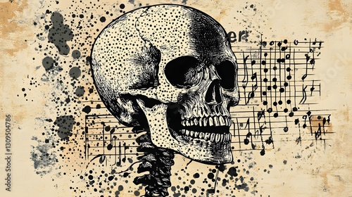 Skull Motif Digital Art with Abstract Patterns and Grunge Textures on Vintage Style Background