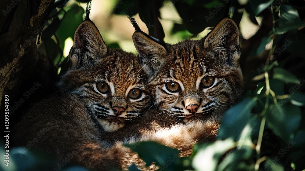 Adorable Iberian lynx cubs resting together in dense foliage dappled sunlight filtering through deep natural tones Adorable Iberian lynx cubs resting together in dense foliage dappled sunlight filtering through deep natural tones