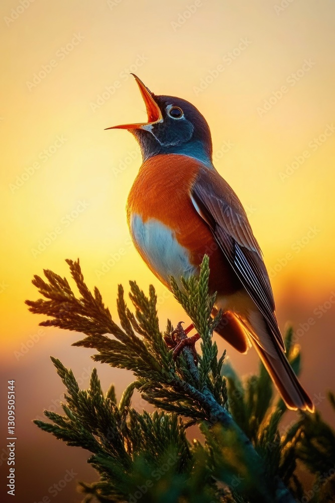 Fototapeta premium Blue jay in silhouette with wings spread, perched on a branch at sunrise. Bird is singing or squawking and looking up.