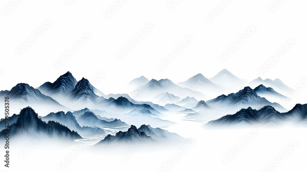 Fototapeta premium Blue Watercolor Mountain Landscape with Fog and Mist on White Background