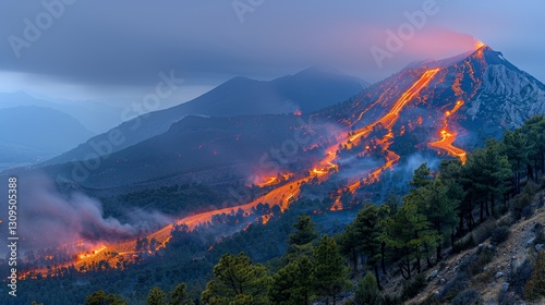 Majestic volcanic eruption  lava cascading down the slopes of a mountainous landscape