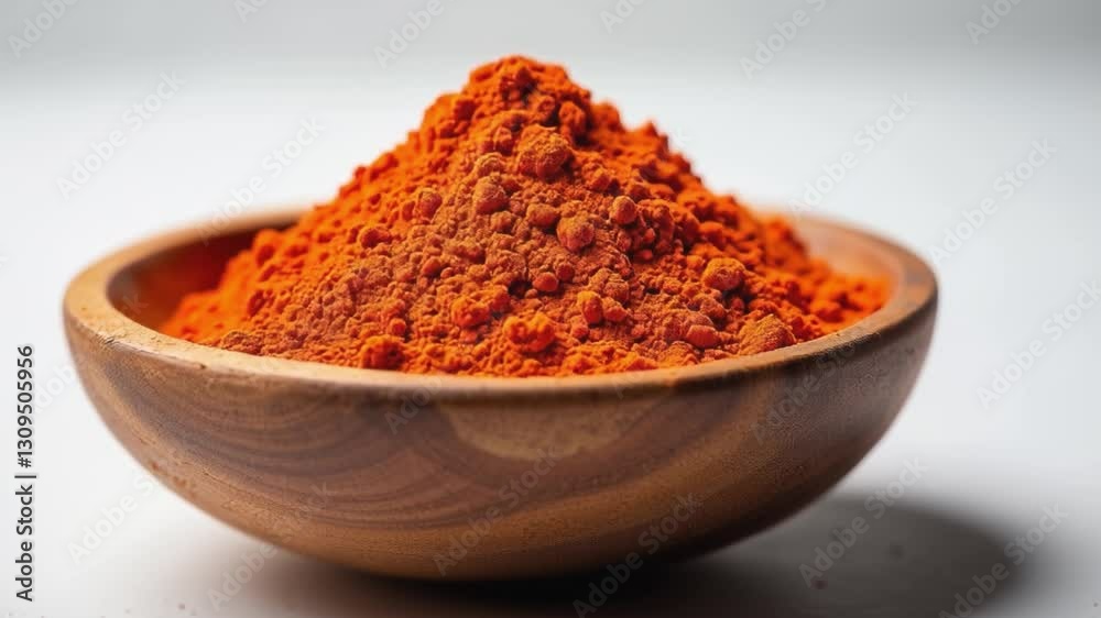 Rustic wooden bowl filled with vibrant paprika powder. isolated on a white background