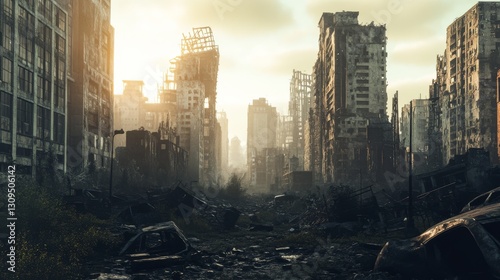A post-apocalyptic city with ruined buildings in dramatic shades