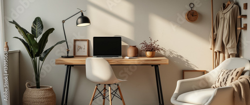 minimalist home office setup featuring a laptop wooden desk and white chair in a bright airy room.