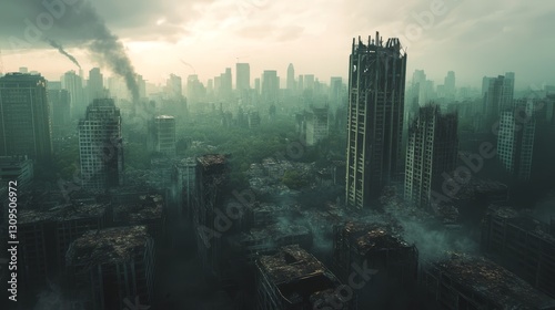 A post-apocalyptic city with ruined buildings in dramatic shades