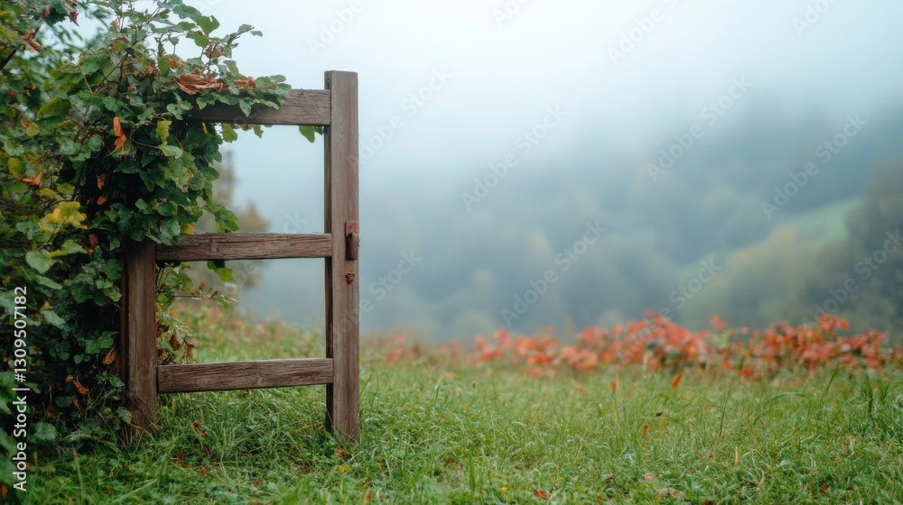 Fototapeta premium Rustic wooden gate partially obscured by ivy, opens to a misty, hilly landscape with autumnal foliage.