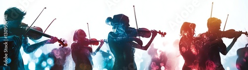 Musicians playing violins against a colorful background, creating a vibrant atmosphere.