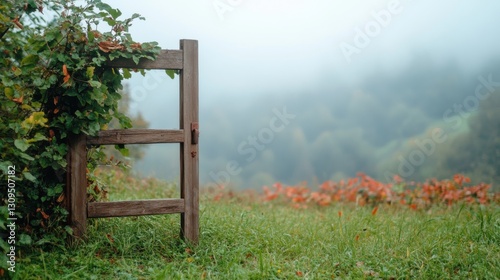 Rustic wooden gate partially obscured by ivy, opens to a misty, hilly landscape with autumnal foliage.