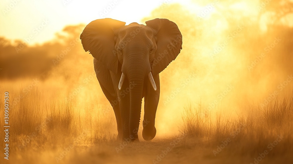 Fototapeta premium African elephant strolling through dry grasslands golden sun casting a dreamy glow soft dust swirling cinematic frame 