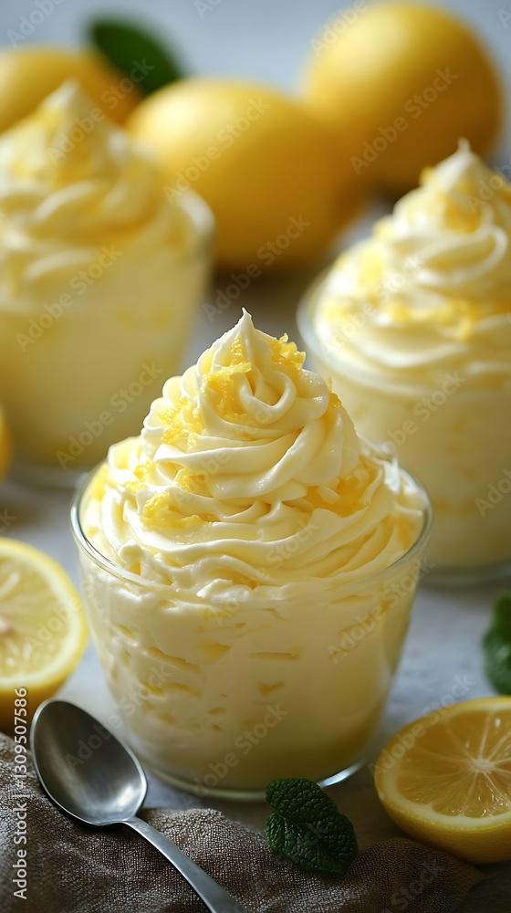 Swirled lemon dessert, glass bowls on stone surface Swirled lemon dessert, glass bowls on stone surface