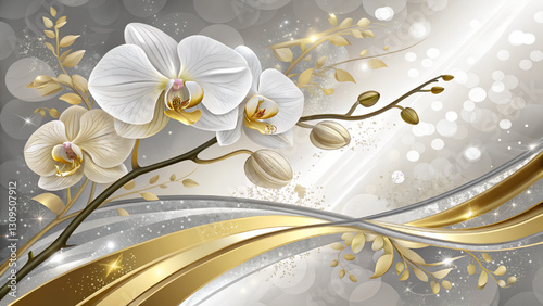Abstract gradient silver and gold background with luxurious gold and white orchids. Shiny silver and gold lines.